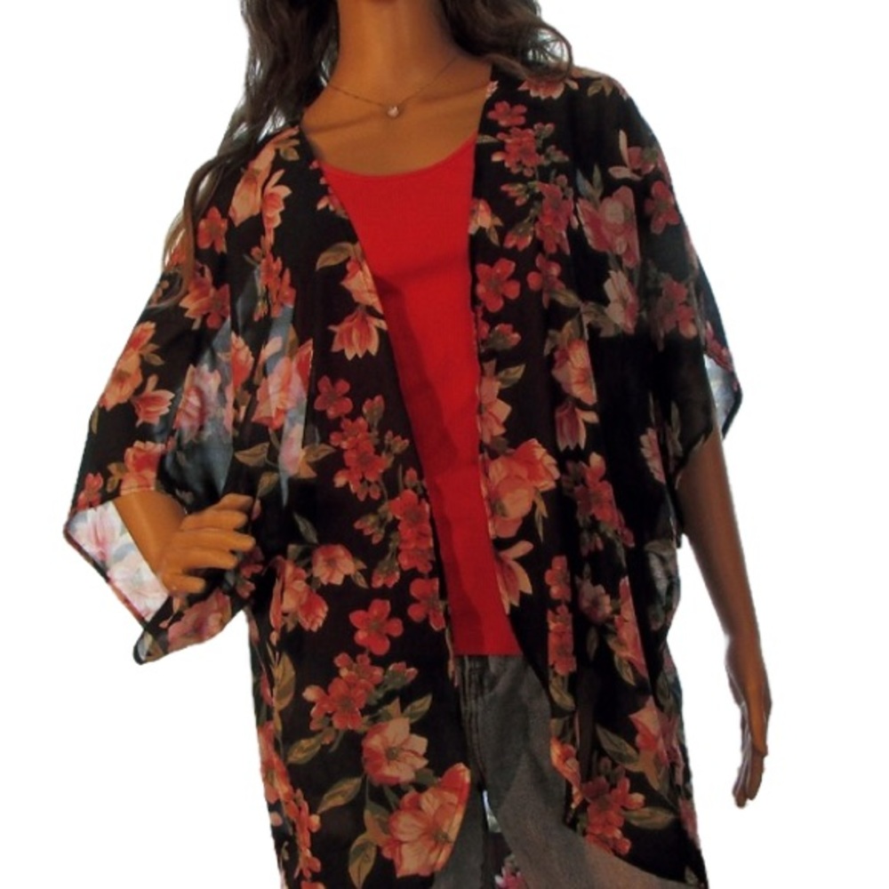 New Navy Blue Open Front Floral Kimono